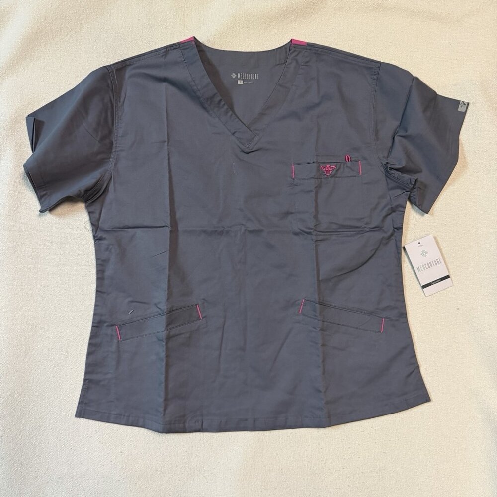 MED COUTURE Signature Women's V-Neck 3 Pocket Scrub Top -Large - Gray